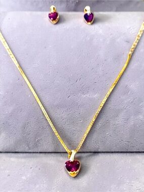 10kt Gold Amethyst Heart Pendant Necklace and Stud Earrings Set With Appraisal